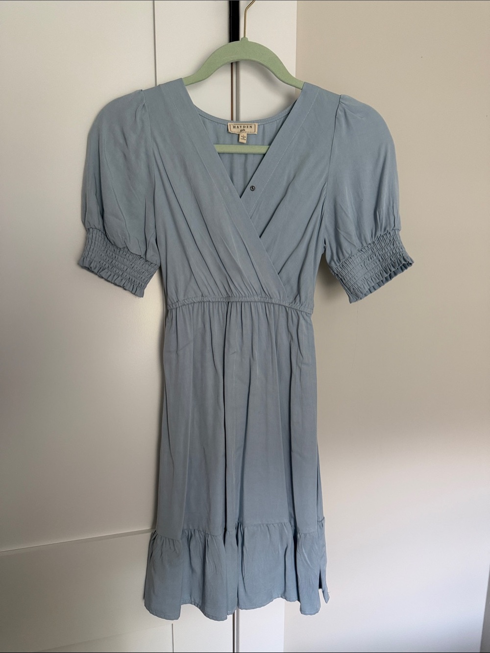 Hayden Girls Light Blue V-Neck Wrap Midi Dress with Puff Sleeves